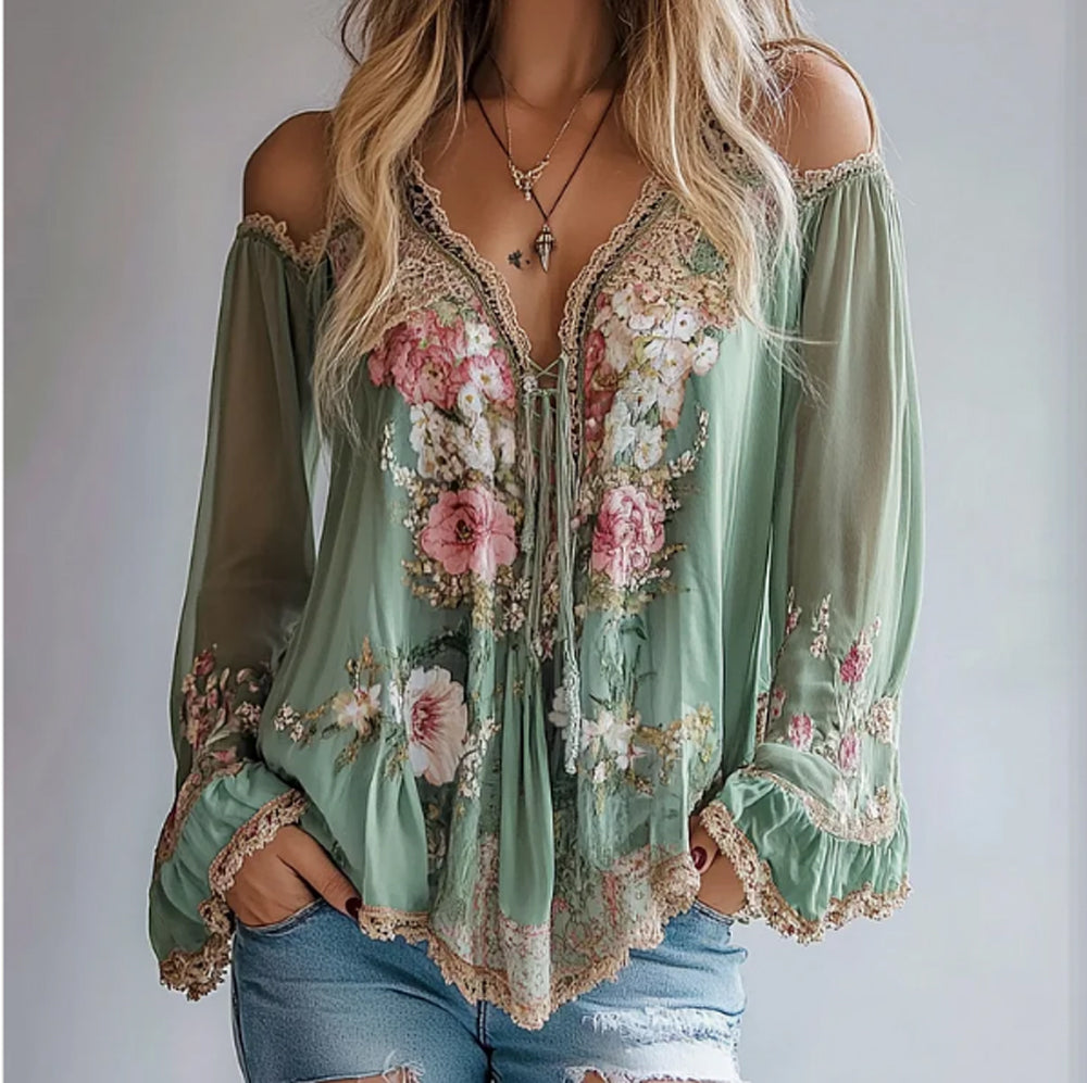 Ema |  Short Sleeved V-Neck Shirt with Floral Embroidery