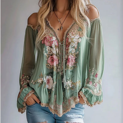 Ema |  Short Sleeved V-Neck Shirt with Floral Embroidery