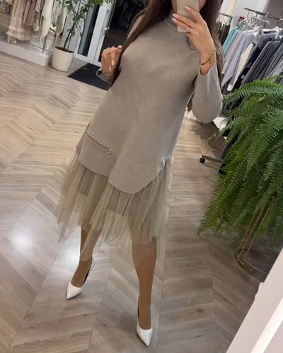Everly | High Collar Mesh Patchwork Dress