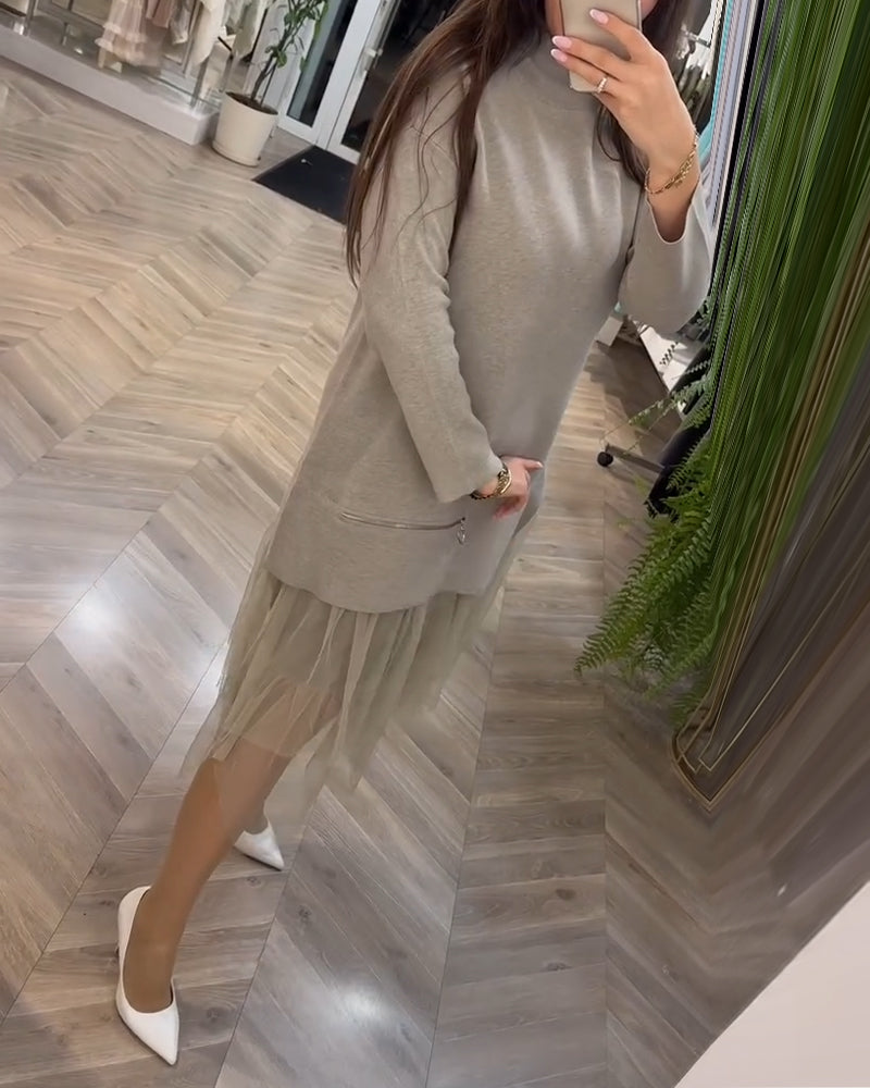 Everly | High Collar Mesh Patchwork Dress