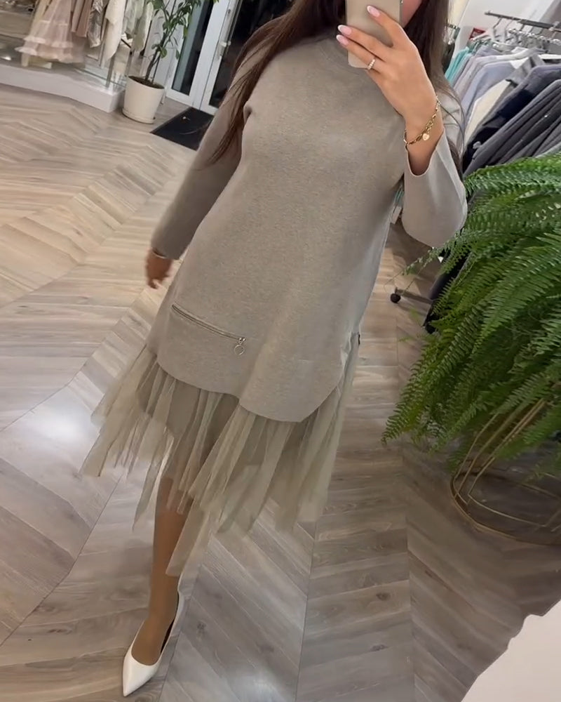 Everly | High Collar Mesh Patchwork Dress