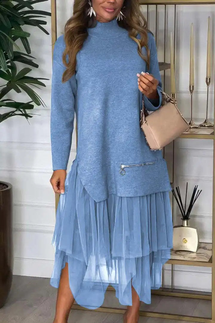 Everly | High Collar Mesh Patchwork Dress