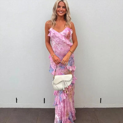 Chic Colorful Ruffles Sling Dress Backless