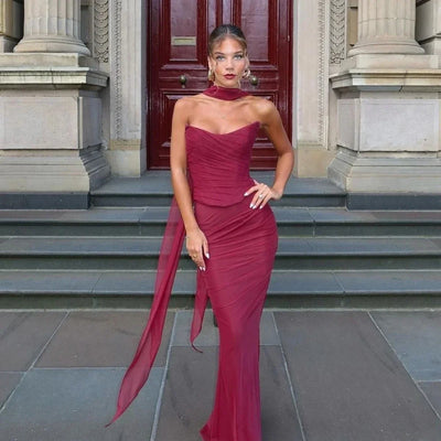 Cindy | Elegant 2 Pieces Dress Set with Scarf