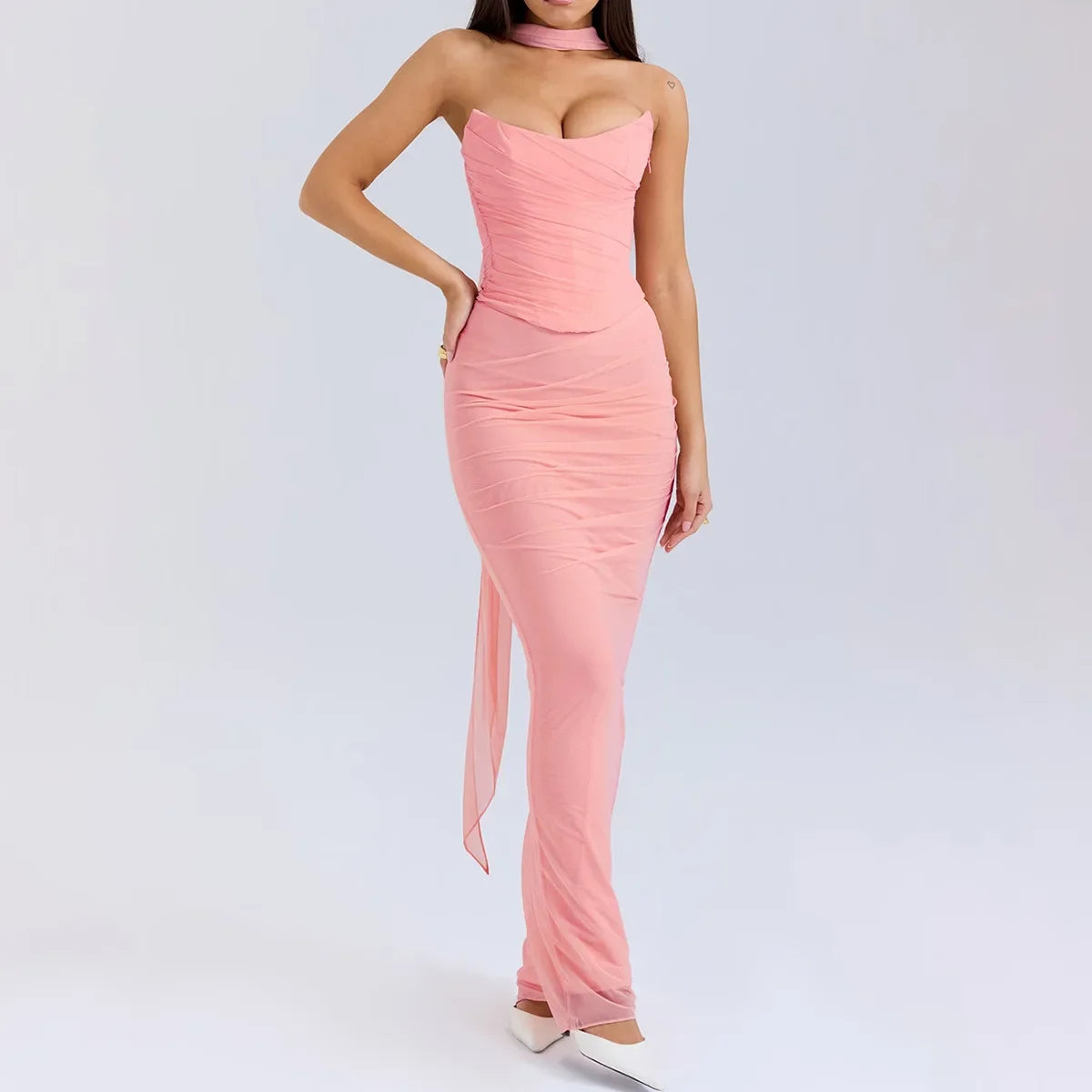 Cindy | Elegant 2 Pieces Dress Set with Scarf
