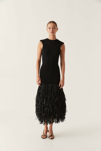 Fringed High Waist Black Dress