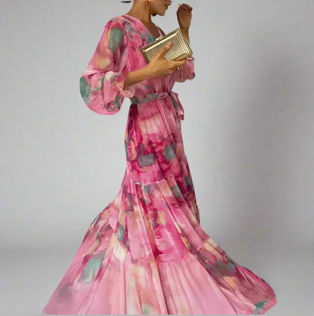 Long-sleeved Floral Print Boho Dress 