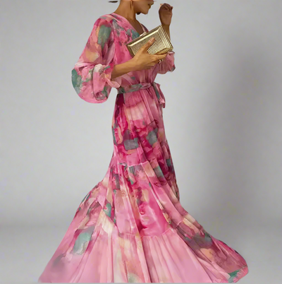 Long-sleeved Floral Print Boho Dress 