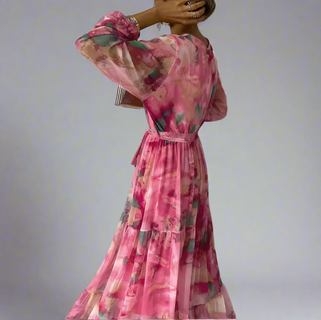 Long-sleeved Floral Print Boho Dress 