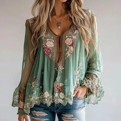 Ema |  Short Sleeved V-Neck Shirt with Floral Embroidery