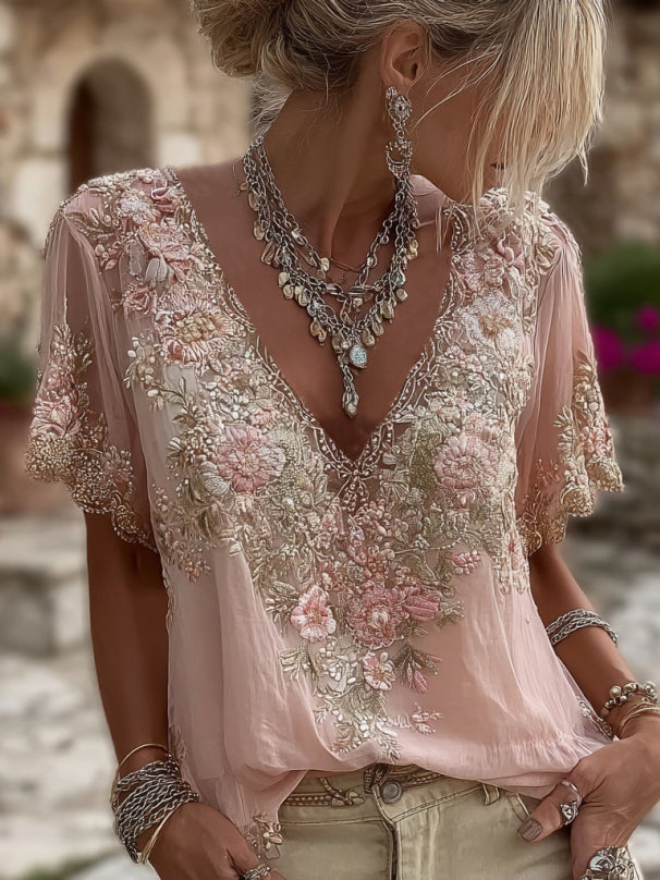 Ema |  Short Sleeved V-Neck Shirt with Floral Embroidery