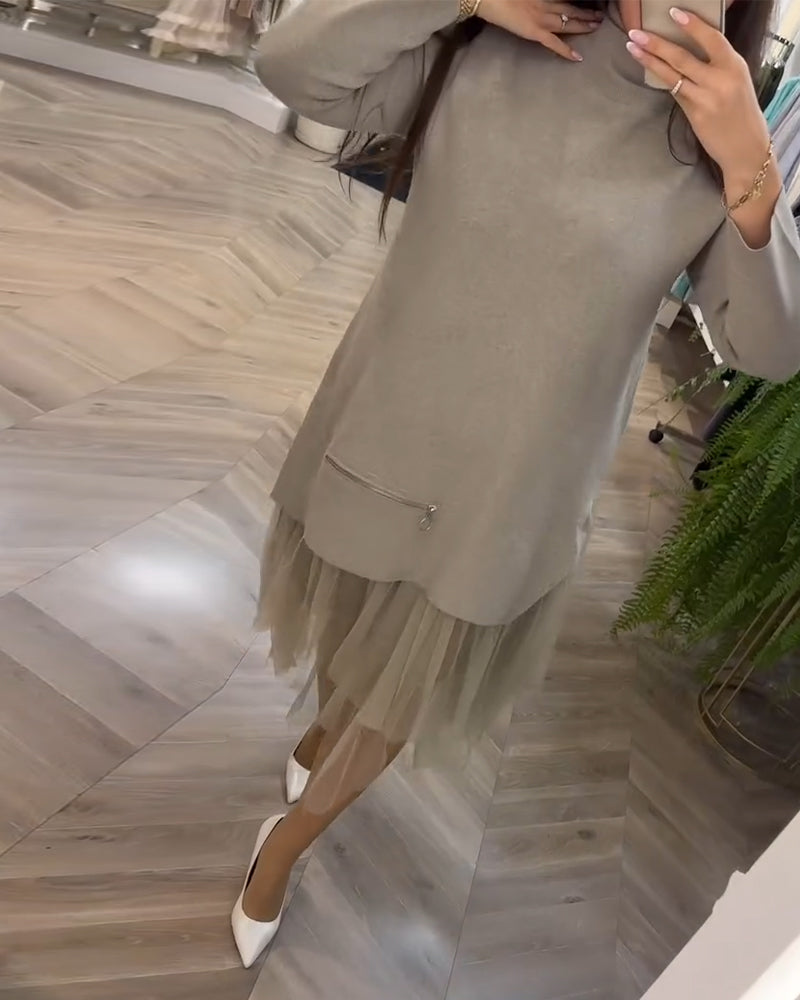 Everly | High Collar Mesh Patchwork Dress
