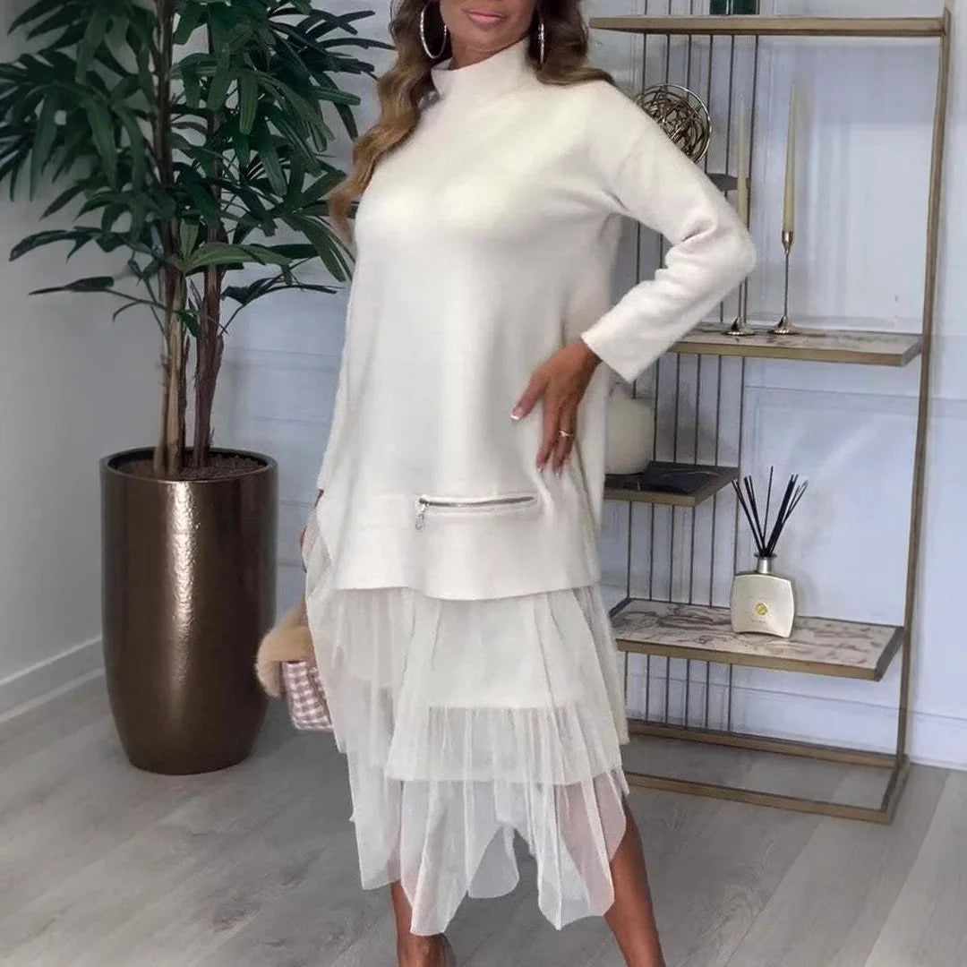 Everly | High Collar Mesh Patchwork Dress